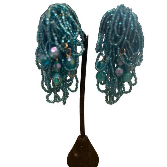 Earrings clip jade handmade beads small & aurora borealis Jade   3” - Picture 1 of 2